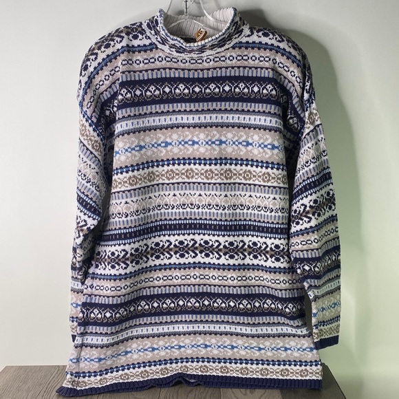 Vtg Cozy Patterned Turtleneck Sweater - Blue and Brown Women’s Size Medium - Picture 1 of 6